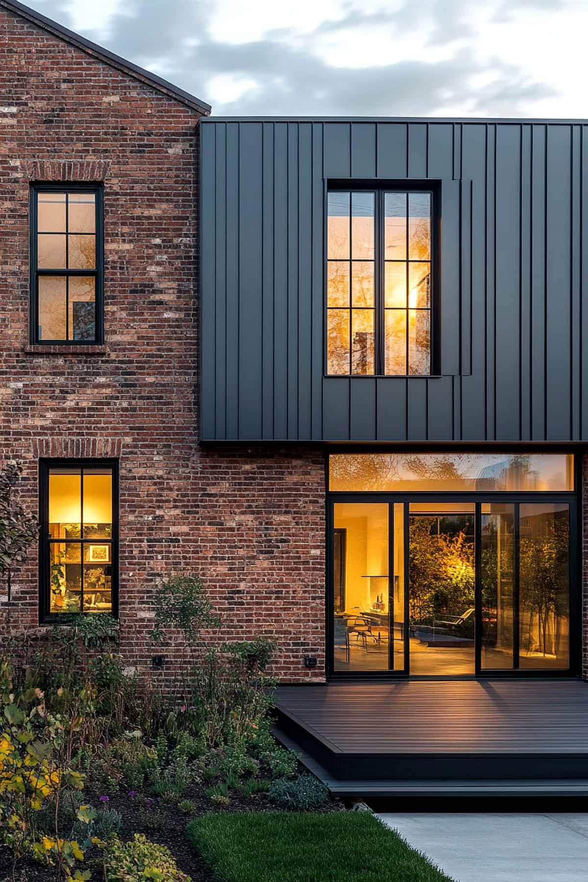 A renovated modern home at dusk with warm interior lights