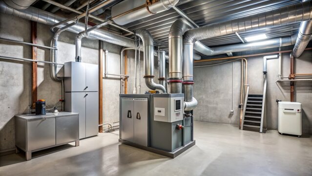 High-efficiency gas furnace with new ductwork in a utility room