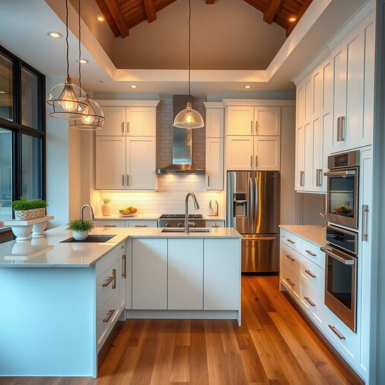 Bright renovated kitchen with an island and white cabinetry
