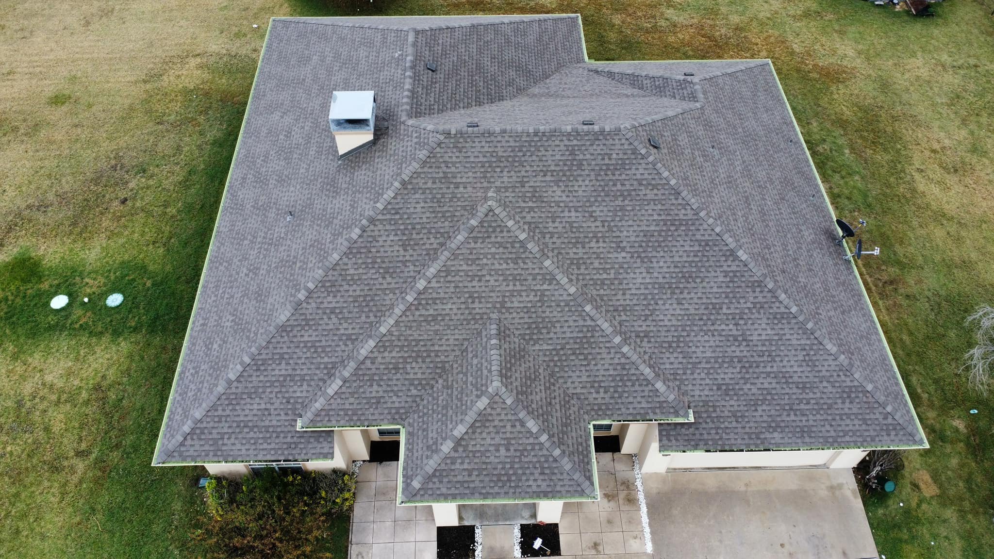 Aerial view of an asphalt shingle roof